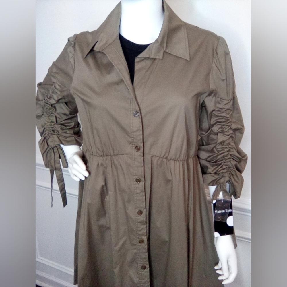 Women's MaisonTara 3/4 Sleeve Collared Shirt Dress, SizeXL, Olive, NEW - Picture 6 of 16